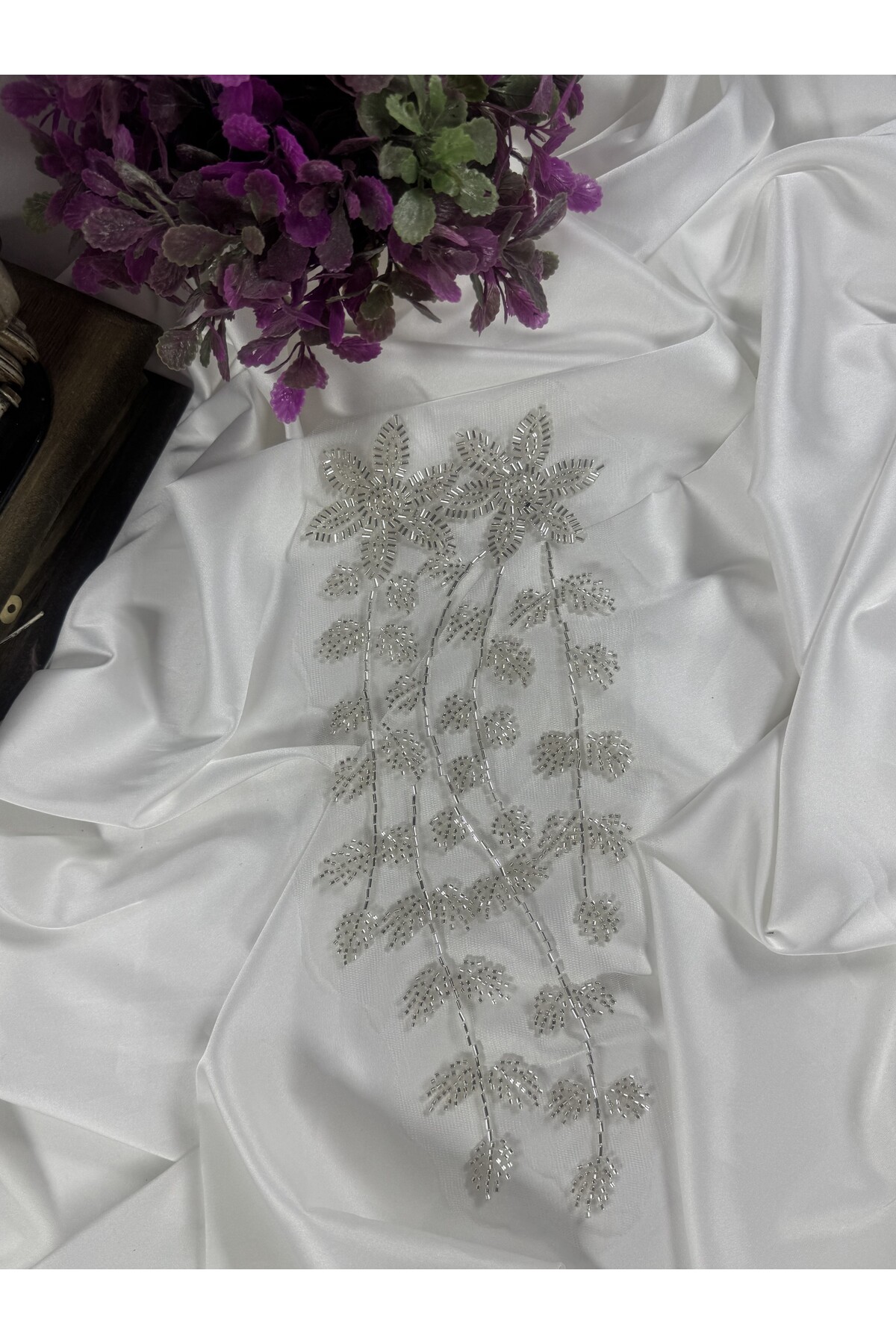tül üstü boncuk işlemeli aplike motif - Görsel 2