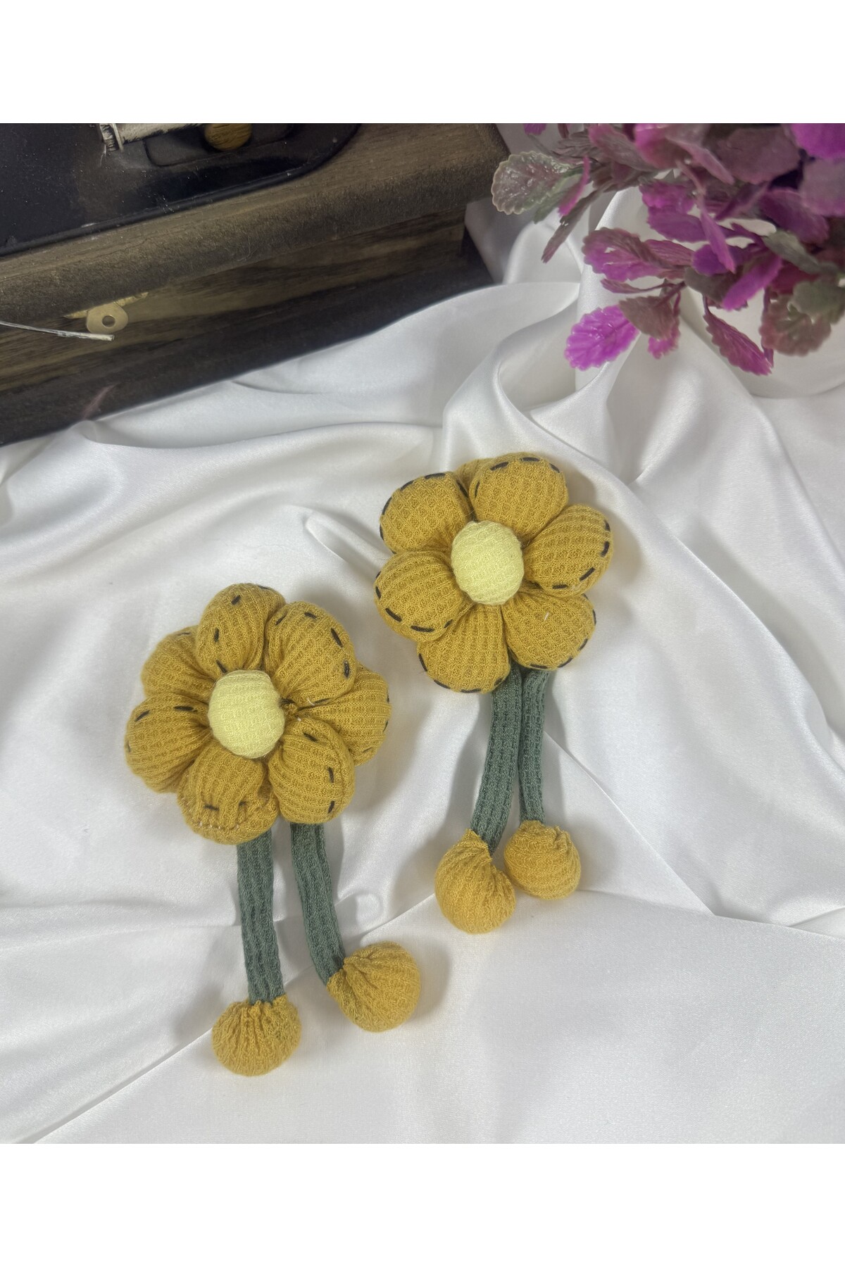 örgü detaylı elyaf dokulu sallantılı papatya motif (2adet) - Görsel 2
