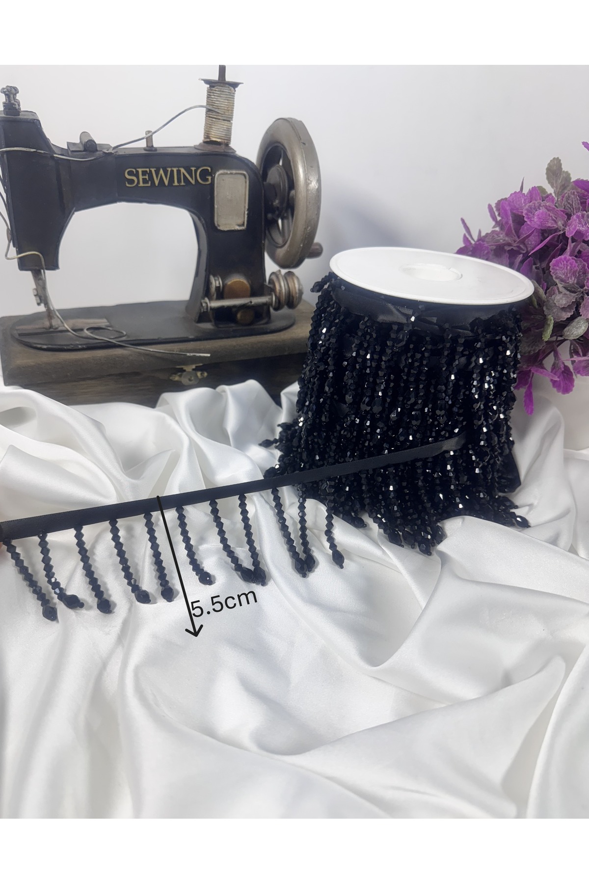 şerit kristal boncuk 1cm saten kurdale üzerine (5.5cm)