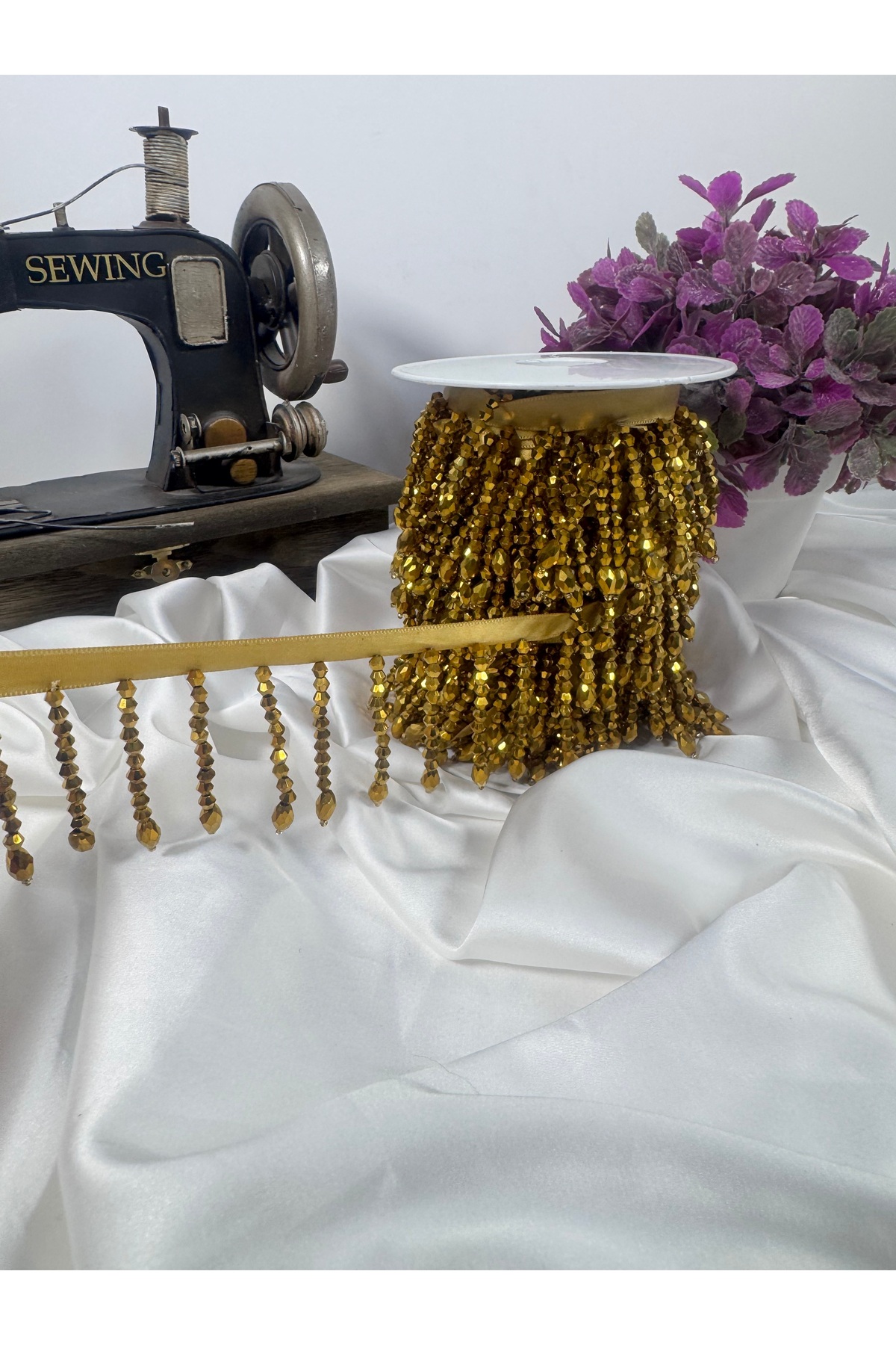 şerit kristal boncuk 1cm saten kurdale üzerine (5.5cm) (1mt) - Görsel 2