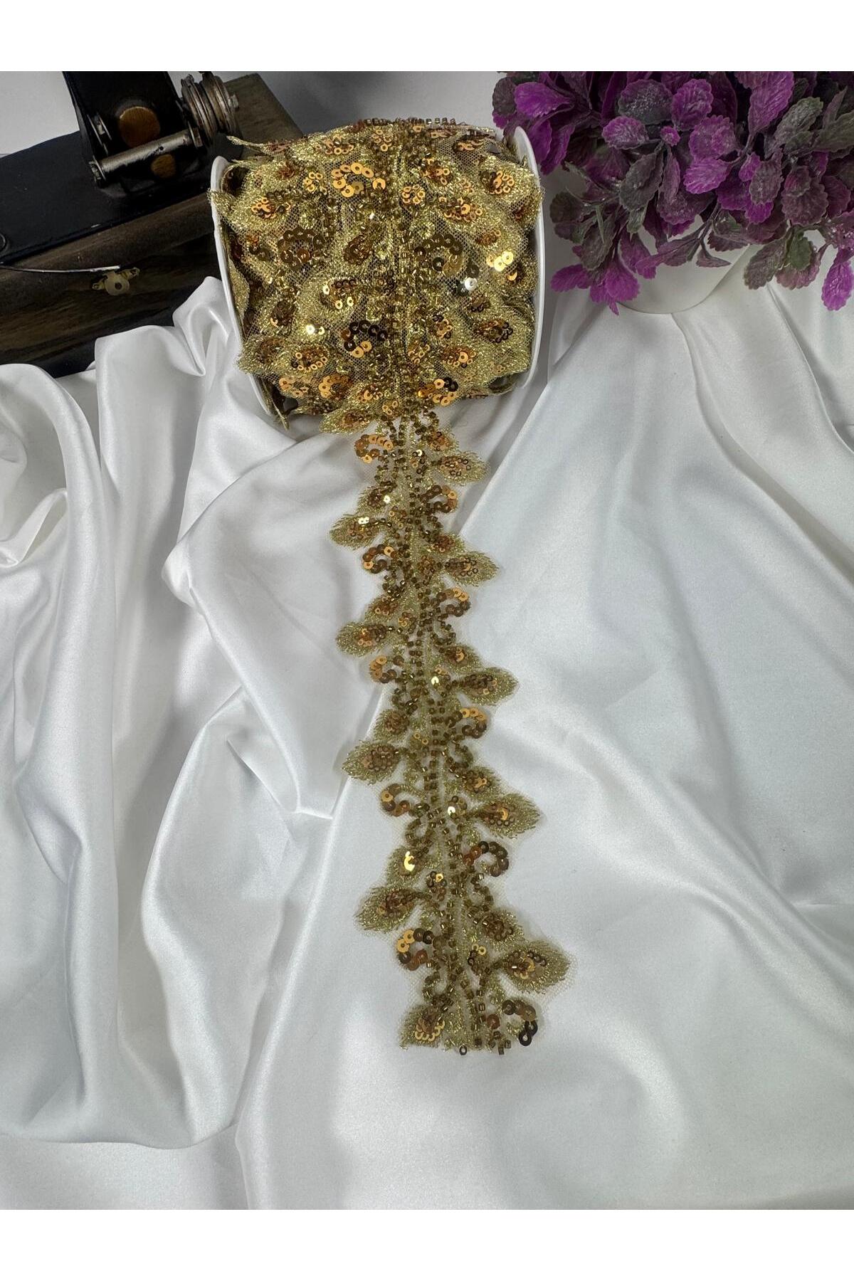 gold işlemeli dantel şerit pul payet detaylı