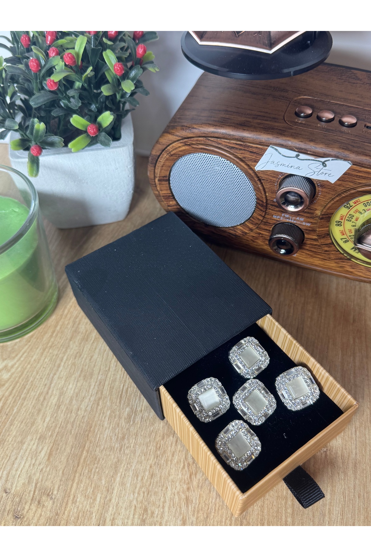 5'li kare baget taş gümüş çerçeveli metal düğme