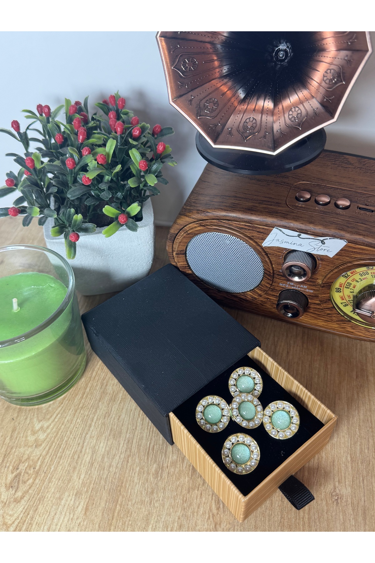 5'li gold kaplama mint yeşili ortası taşlı lüks metal düğme
