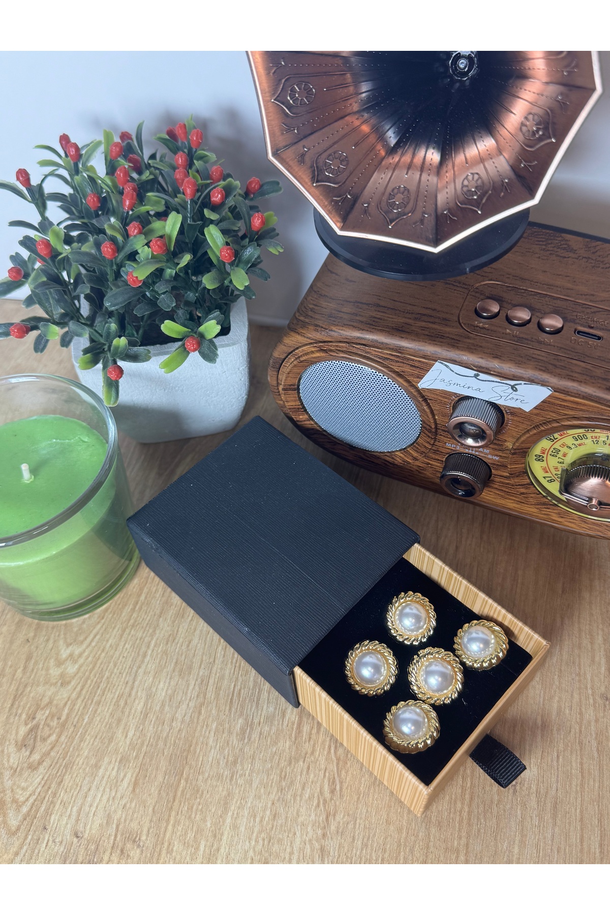 5'li gold burgu çerçeveli yuvarlak incili metal düğme