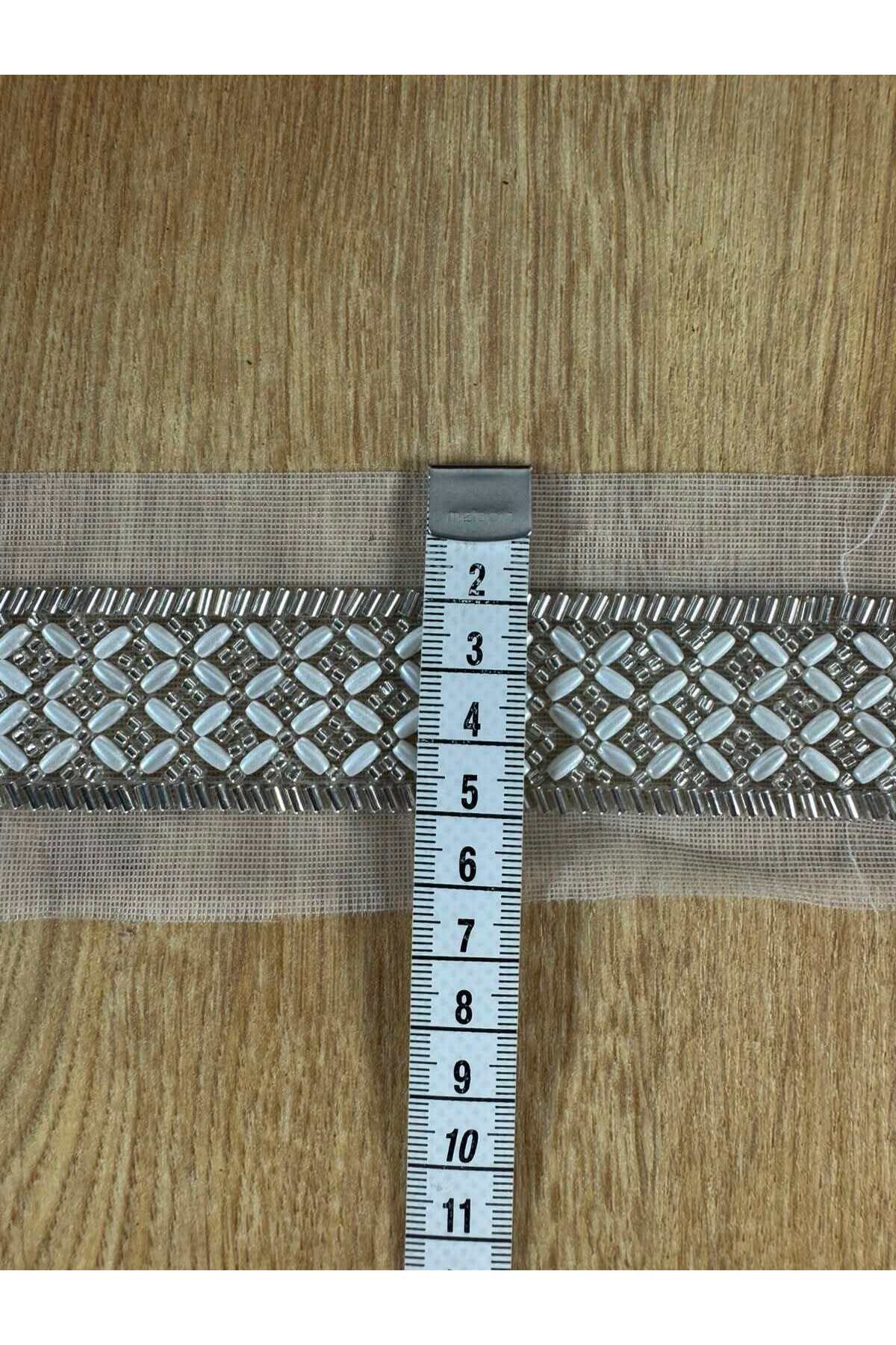Çapraz örgü desenli boncuk işlemeli tül şerit (1mt) - Görsel 2
