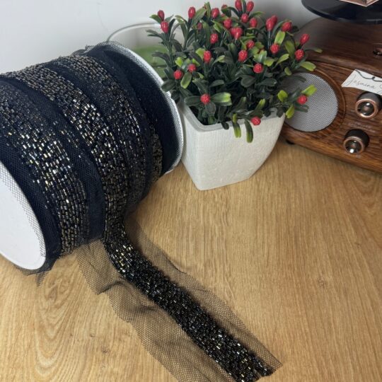 Metalik görünümlü boru boncuk işlemeli tül şerit aksesuar(1mt)
