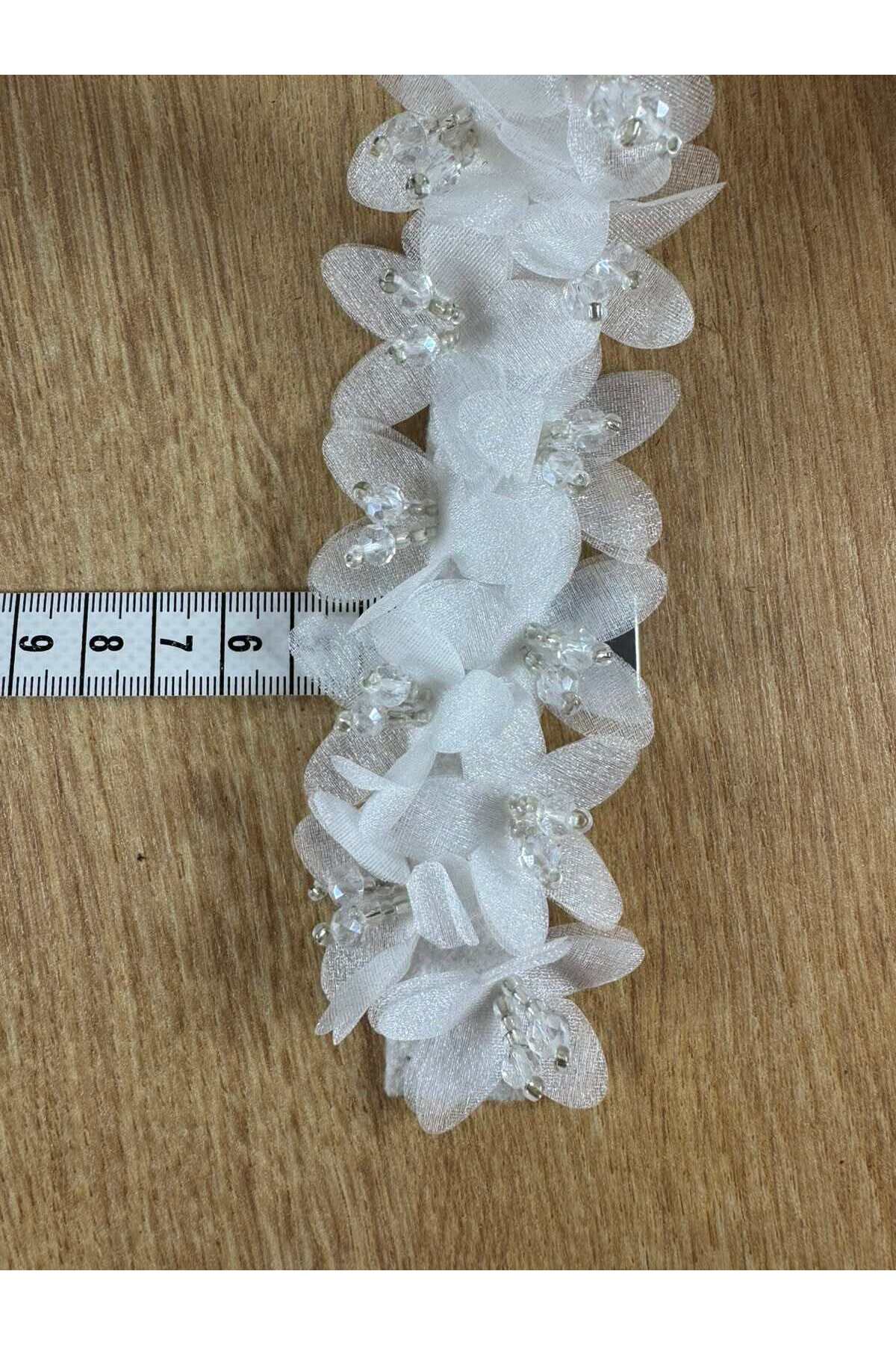 Haute Couture 3D Çiçekli kristal boncuklu dantel şerit (1mt) - Görsel 5