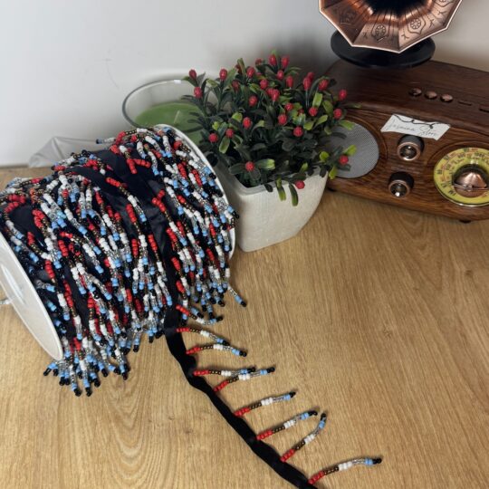 Renkli boncuk işlemeli püsküllü şerit aksesuar (1mt)