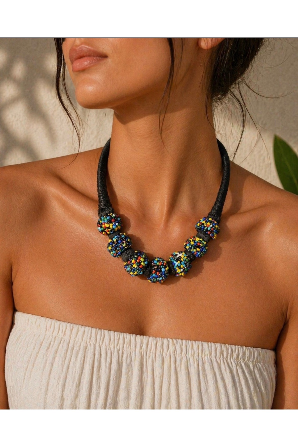 Renkli Boncuk detaylı el işi kolye etnik%Boho şıklık